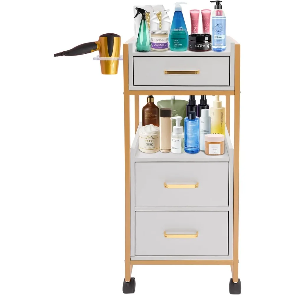 Mobile Hair Salon Storage Cart with Hair Dryer Holder and Barber Tools Cabinet