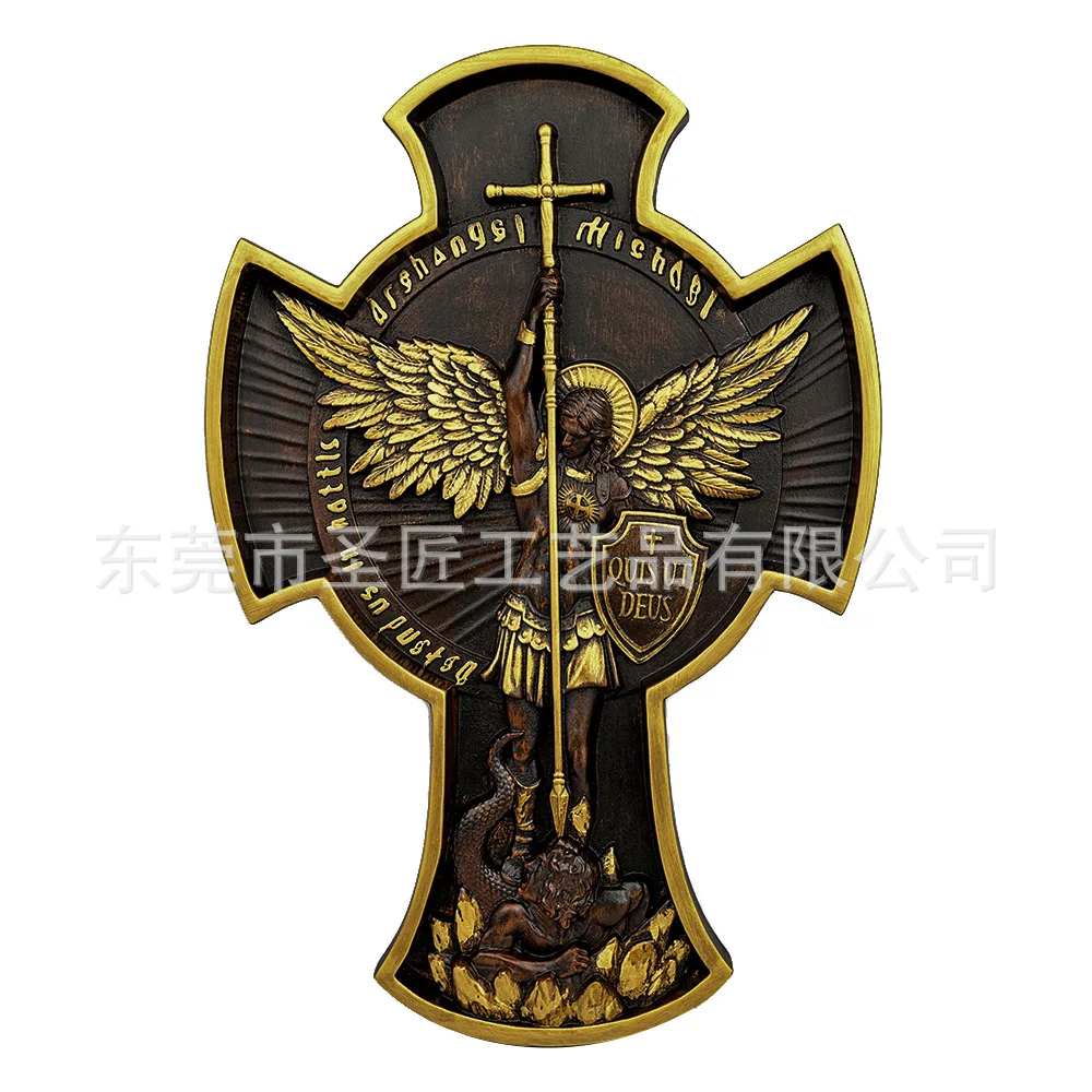 

Religious Figure Wooden Saint Michael Archangel Cross Statue Patron Saint, Home Wall Decor, Christian Gift