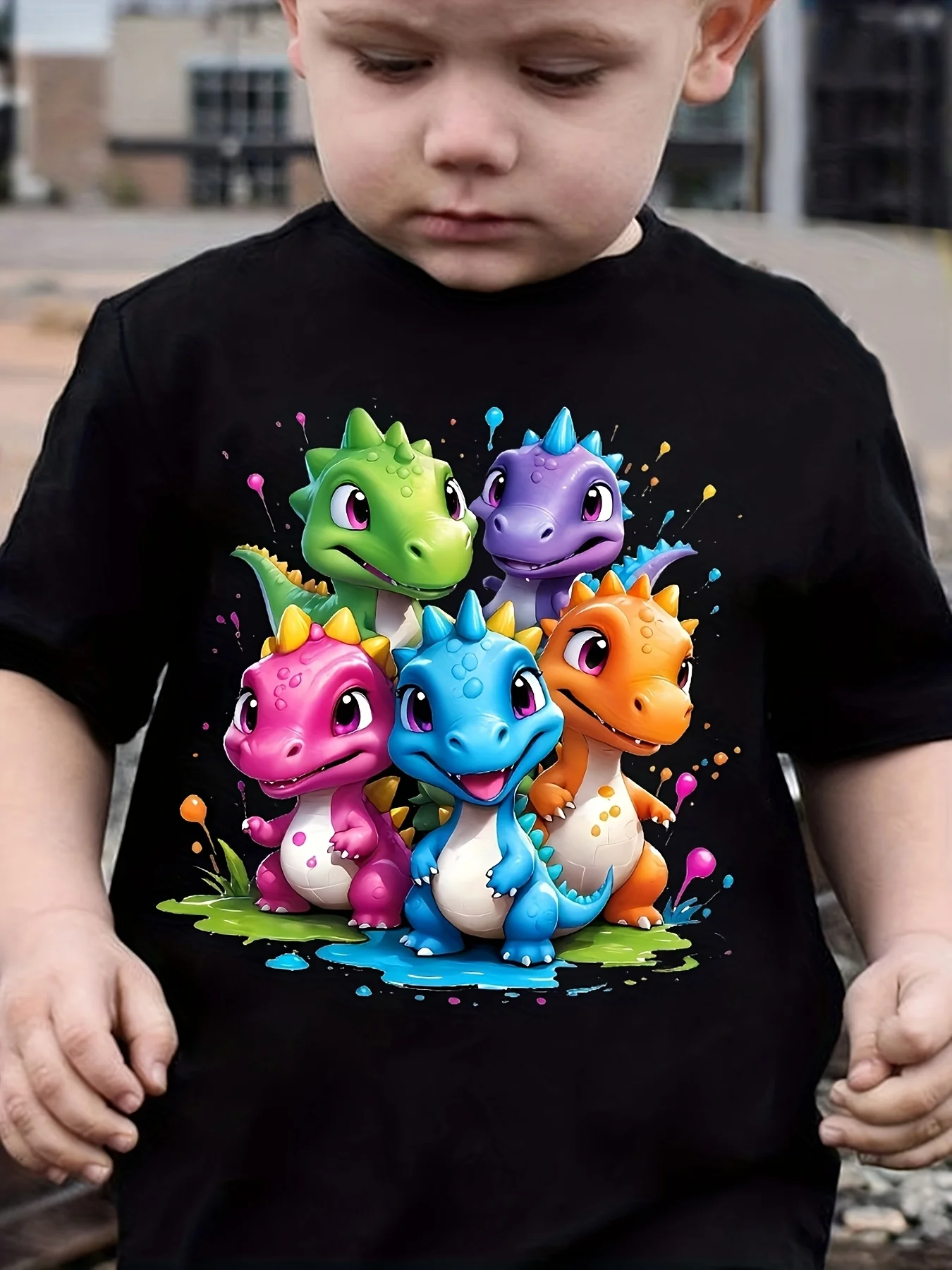 Five Cute Dinosaurs Cartoon Print Boys Summer Casual Short‑Sleeve T‑Shirt NY‑DX8179