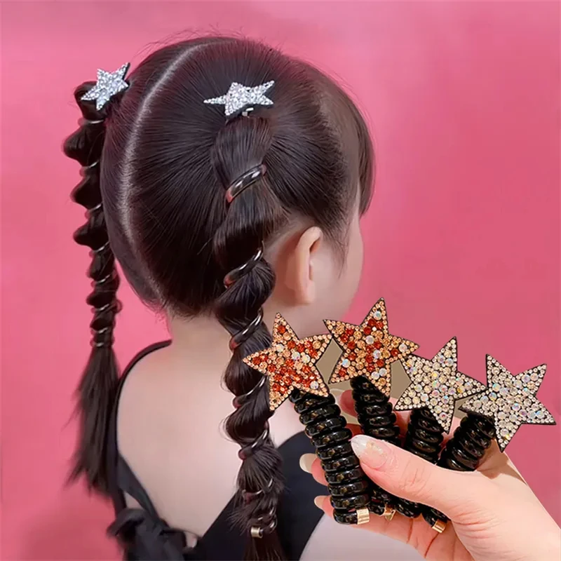 Y2K Star Heart Pendant Telephone Cord Scrunchies Hair Rope Women Girls Rubber Bands Ponytail Holder Spiral Braided Wire Ties