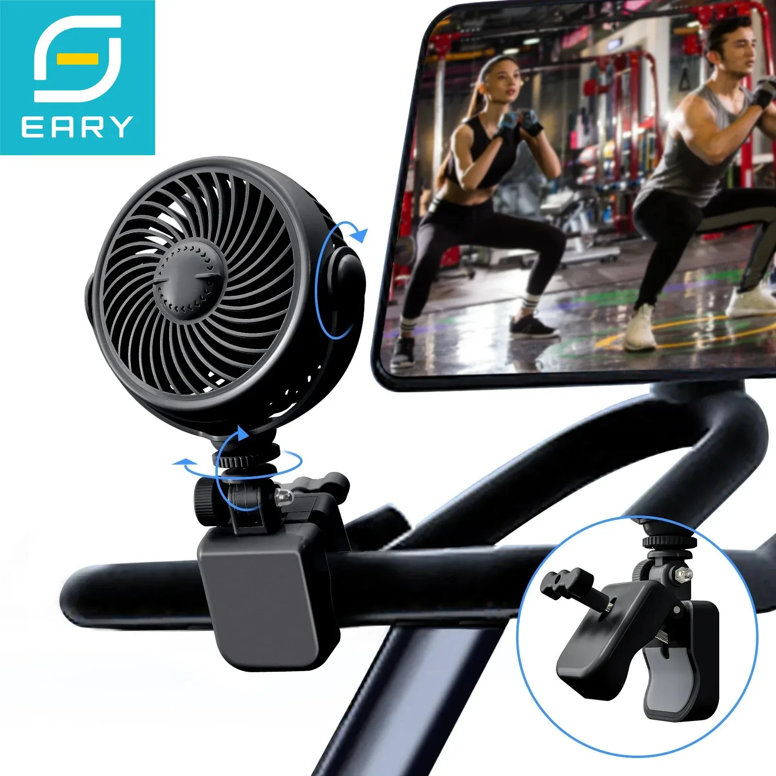 Eary Portable Car Clip on Fan Summer Handheld Gym Cooler Fan 4 Speed Wind 2000mAh Rechargeable Mini Baby Stroller Golf Cart Fan