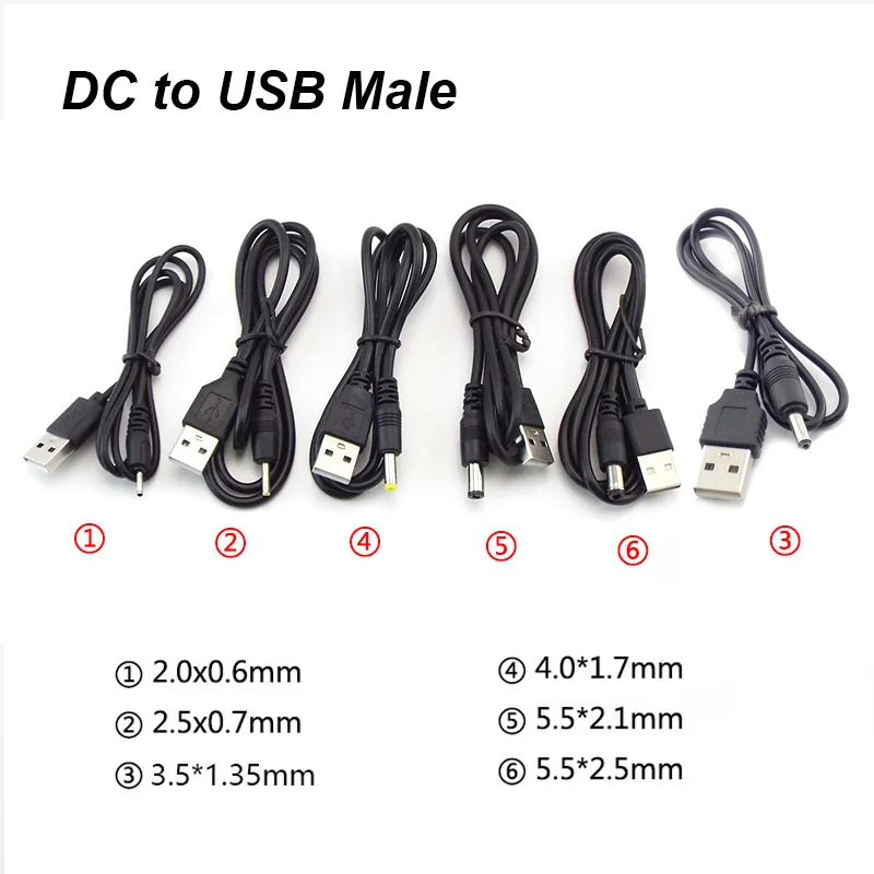 Type A USB Male Port To DC 5V 2.0*0.6mm 2.5*0.7mm 3.5*1.35mm 4.0*1.7mm 5.5*2.1mm 5.5*2.5mm Plug  Jack Power Cable Connector