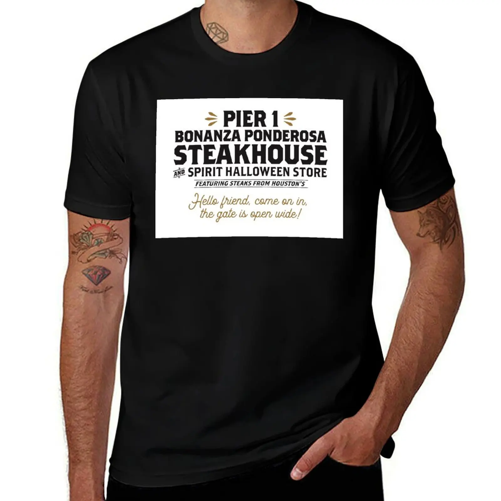 

Pier 1 Bonanza Ponderosa Steakhouse & Spirit Halloween Store etc. T-Shirt Simple Casual Short Sleeve Tee