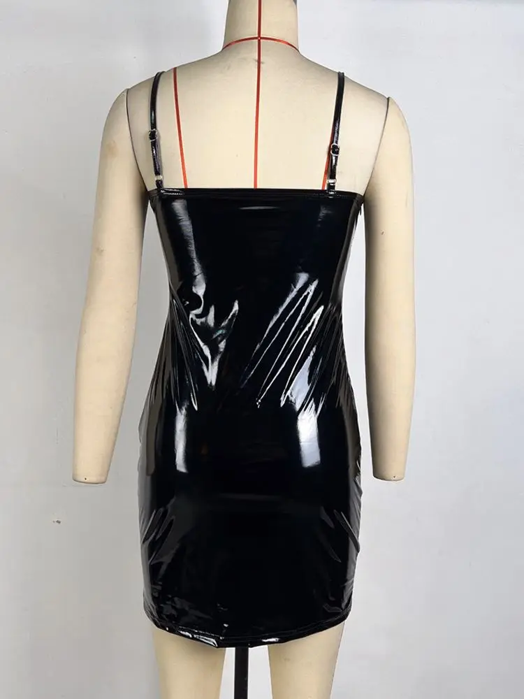 قابل للتعديل السباغيتي حزام نظرة الرطب فساتين PVC لامعة بولي Leather فستان جلد الجوارب حزمة الورك Minifalda مثير كلوبوير فستان الشمس Falda