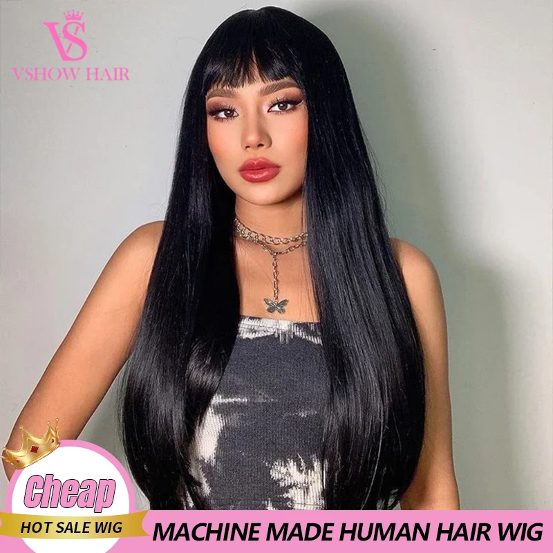 

Straight Human Hair Wig With Bangs Brazilian Wig On Sale 30 Inch Machine Made Wig For Women Glueless Wig Virgin Hair