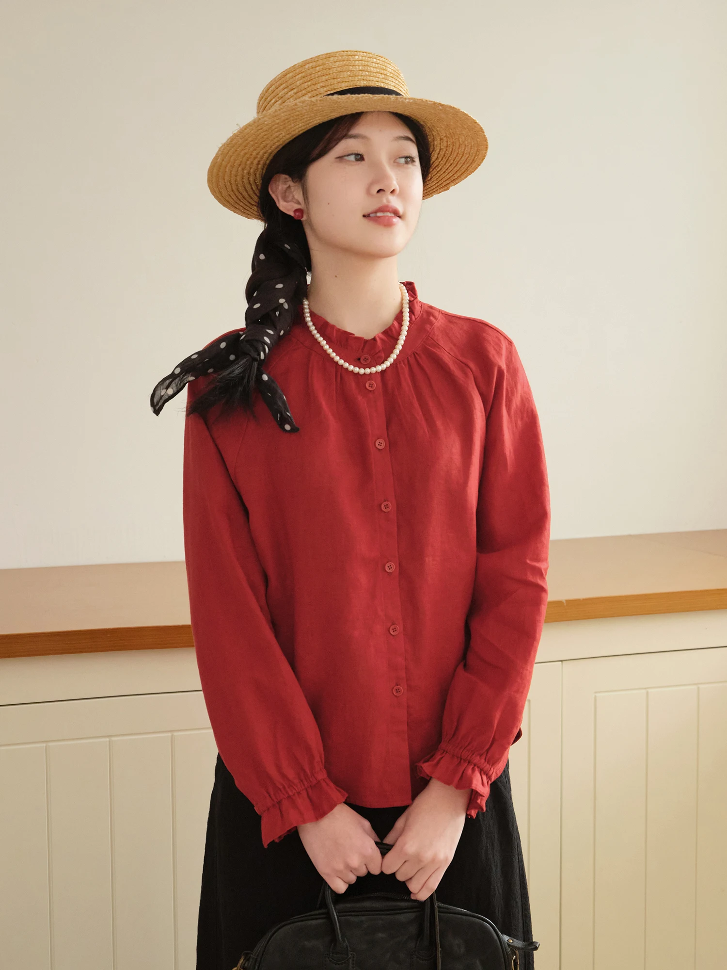 

Red Linen Long Sve Loose Women's irt Artistic Sle Antibacterial Breathable Spring 2026 Faion Ladies' Premium irt