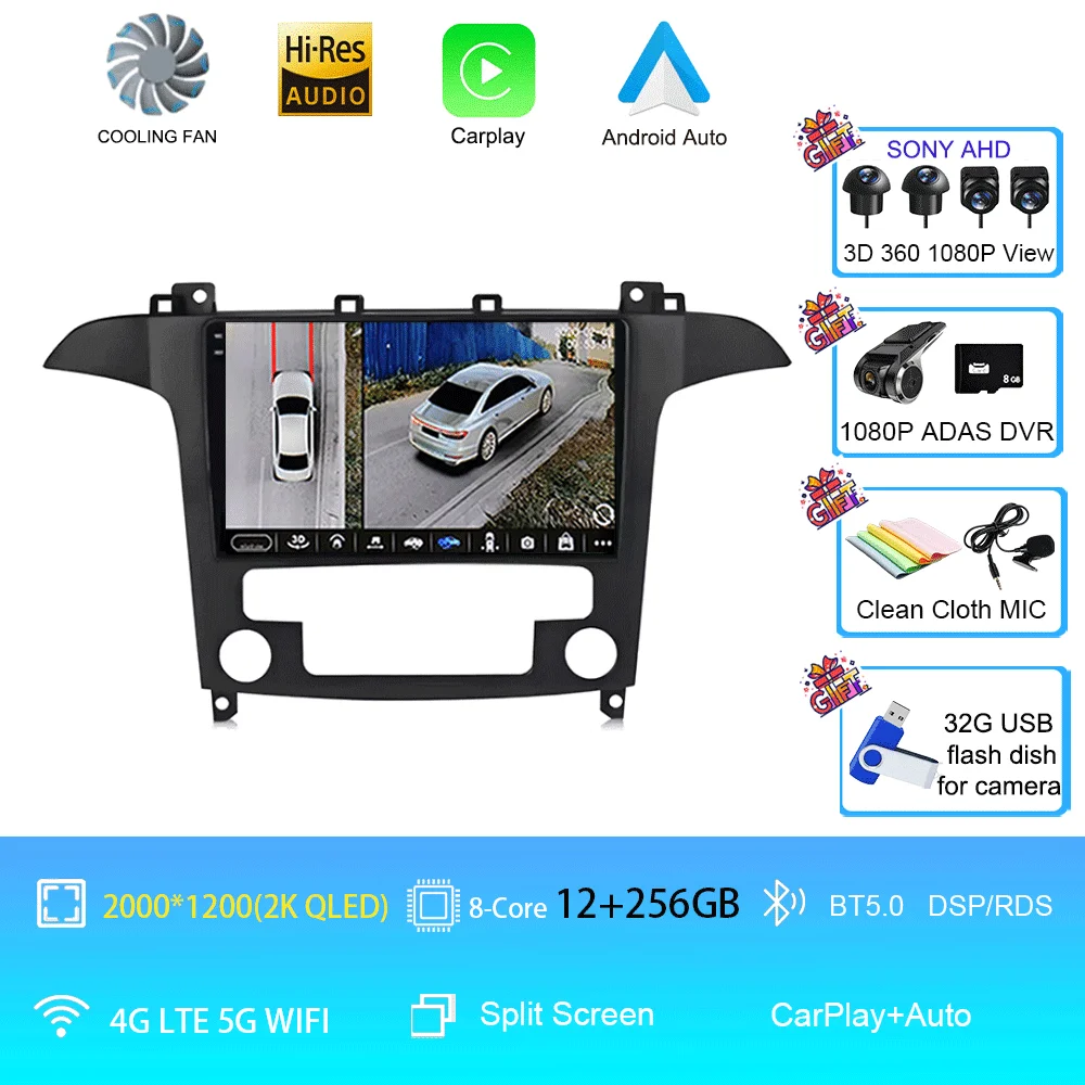 Android 16 voor Ford S-Max S-MAX 2007 2008 2009 2010 2011 - 2015 Videospeler Carplay Auto Multimedia Autoradio WIFI+4G DSP Stereo