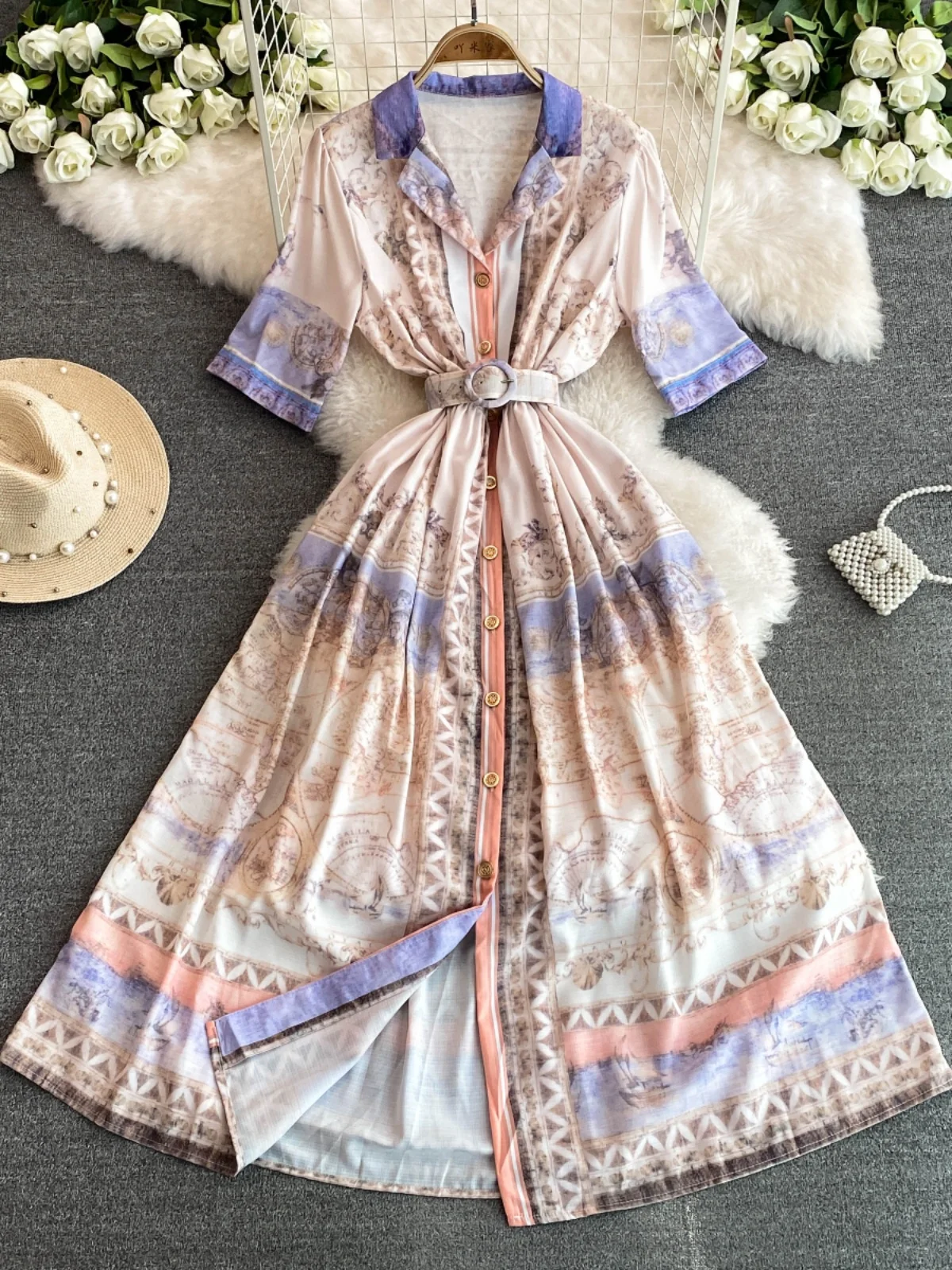 Ofallsis Color Matching Gentle Style Printed Palace Dress 2024 Summer New Vintage Slim Waist Romantic Elegant Dresses Female