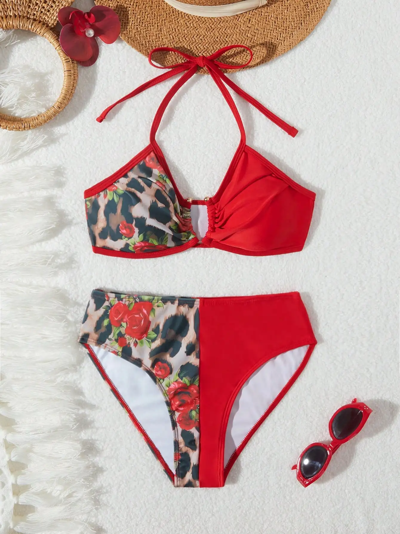 Bikinis con aros en U para mujer, traje de baño Sexy con cuello Halter, traje de baño de leopardo con retales, bañadores femeninos, ropa de playa 2025, 2025