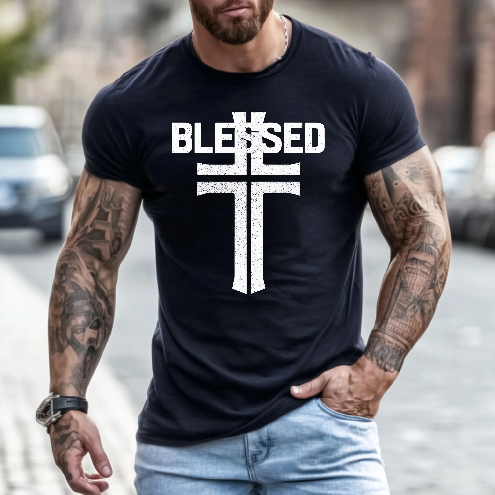 

Teevo Men's Short Sleeve T-Shirt Cross Pattern Blessed Text Casual Wear for Daily Use