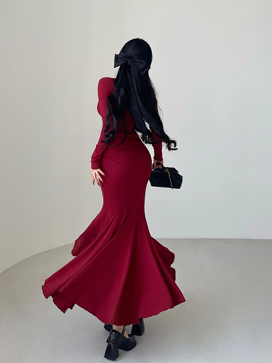 WOMENGAGA Red Hot Sexy Autumn Long Dress Pleated Waist Long Sleeves Fishtail Dress Dress Elegant Fashion 2023 New Tops PE9Y