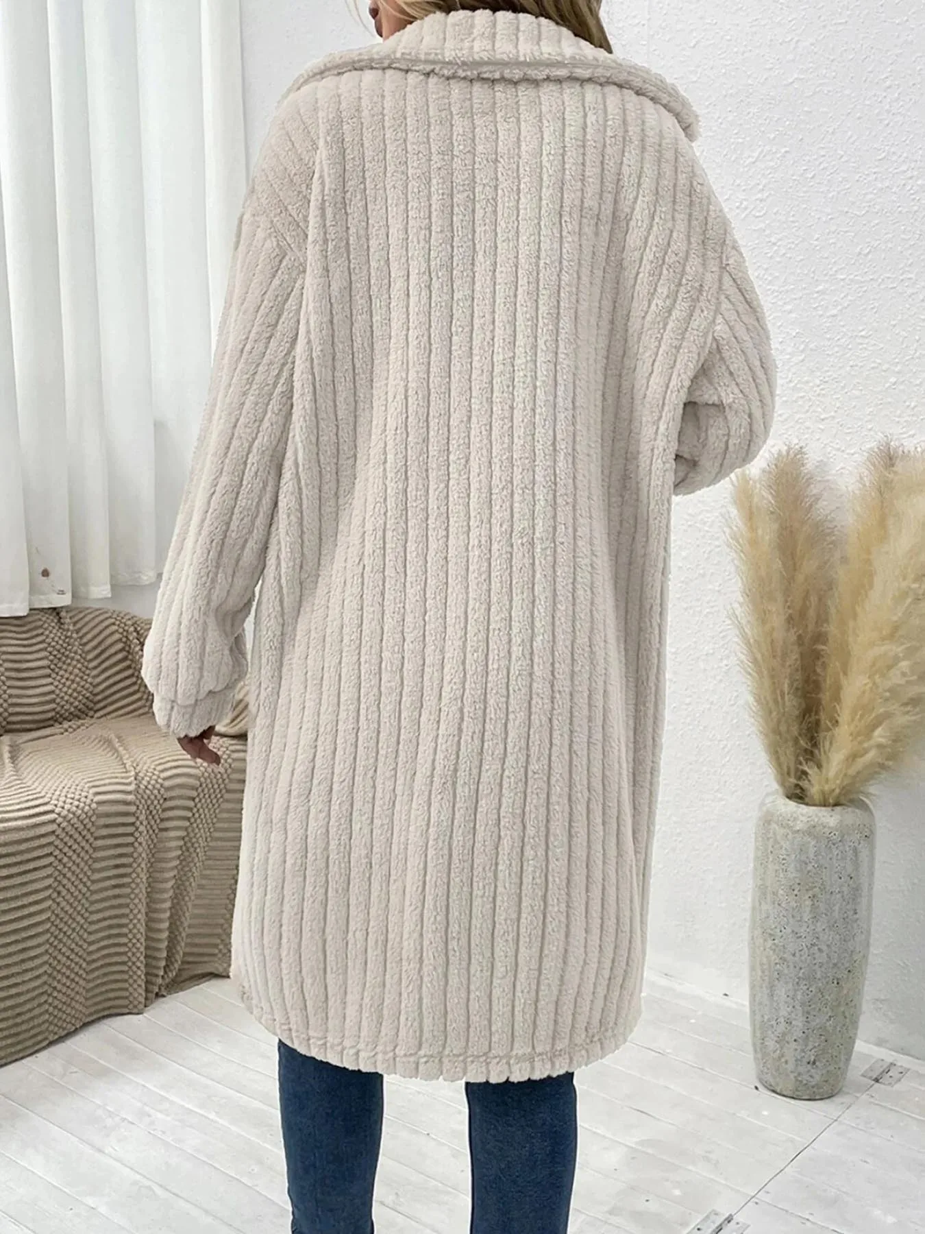 【Plus Size】 Solid Button Front Drop Shoulder Fuzzy Coat, Casual Long Sleeve Collared Outerwear for Fall & Winter, Women's Clothe