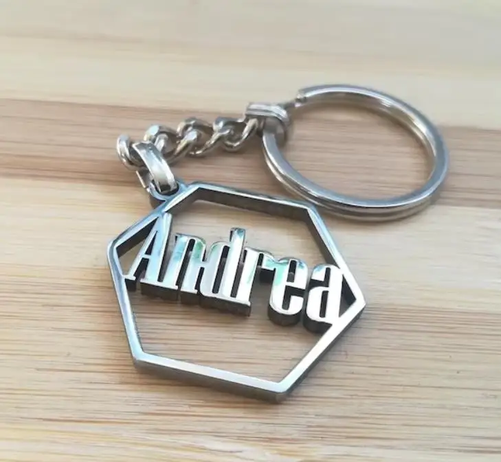 Custom Text Hexagon Name Keychain Stainless Steel Personalized Company Shop Name Engraved Keyring Multiple Font Business Gift