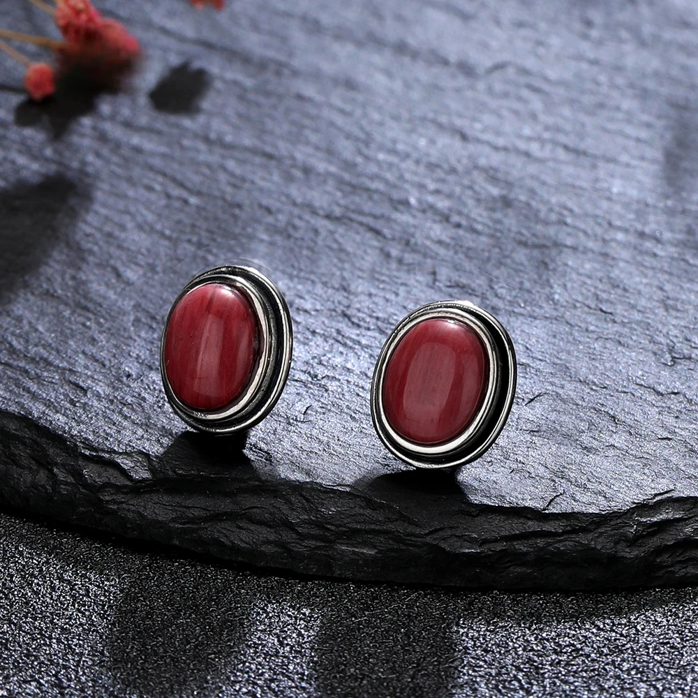 

New Style Rhodochrosite Jewelry Stud Earring Natural 8x10MM Tiger's Eye 925 Sterling Silver Earrings for Women Simple Retro