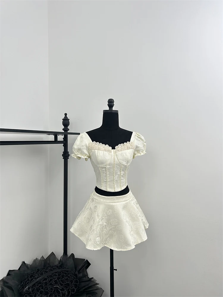 Summer Women Mori Girl Jacquard Ballet Core Old Money Outfits 2 Piece Set Short Sleeve Lace Square Collar Shirts + Mini Skirt