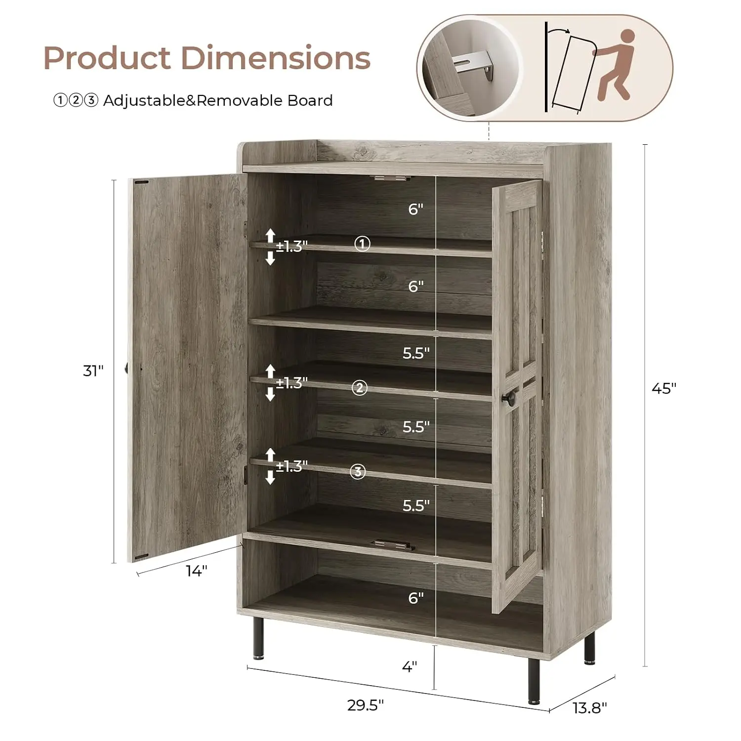 6-Tier Shoe Cabinet 2 Doors 3 Adjustable Shelves Metal Legs 45
