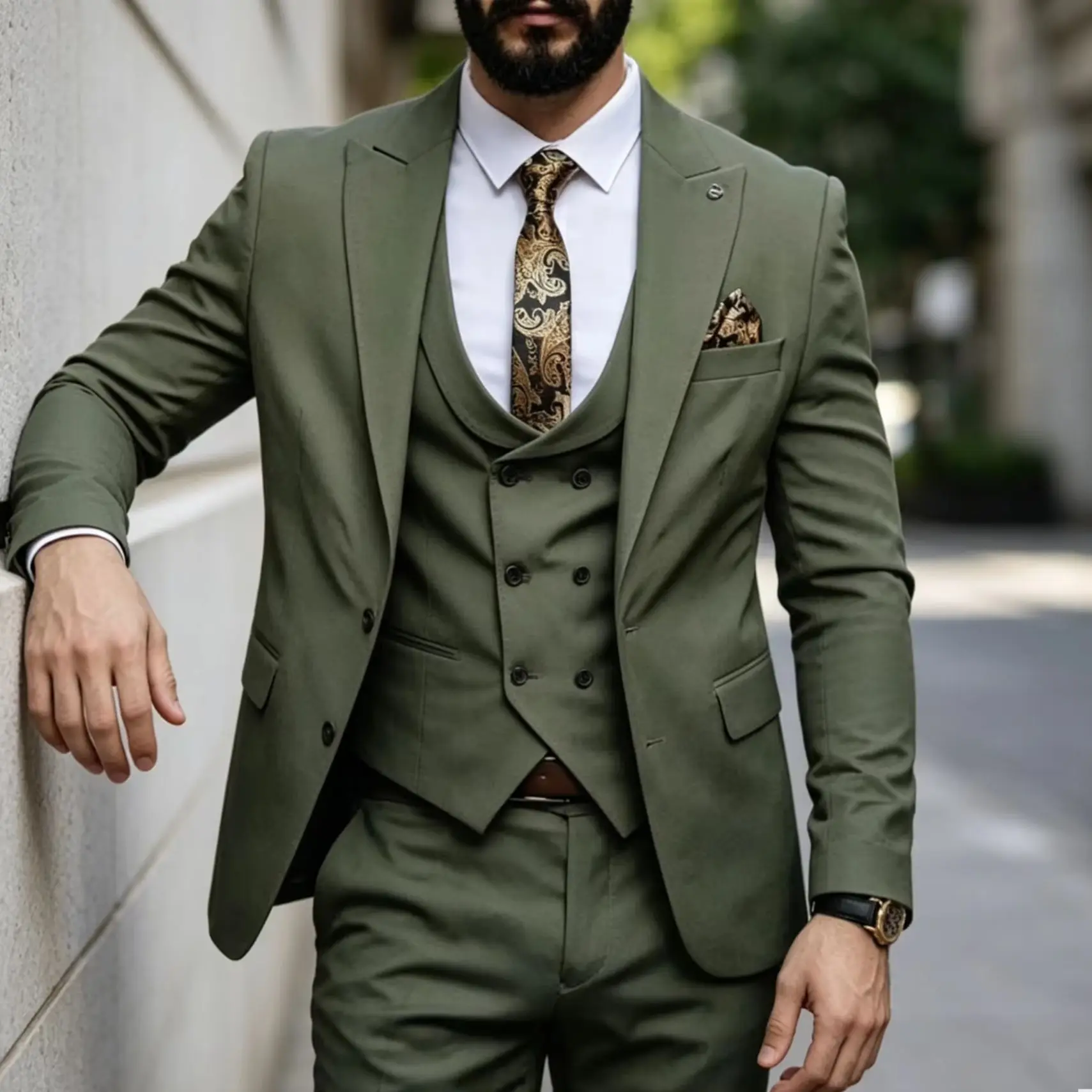 

Green Men Suits Single Breasted Peak Lapel Double Back Vent Formal Wedding Groom Outfits 3 Piece Jacket Pants Vest Blazer
