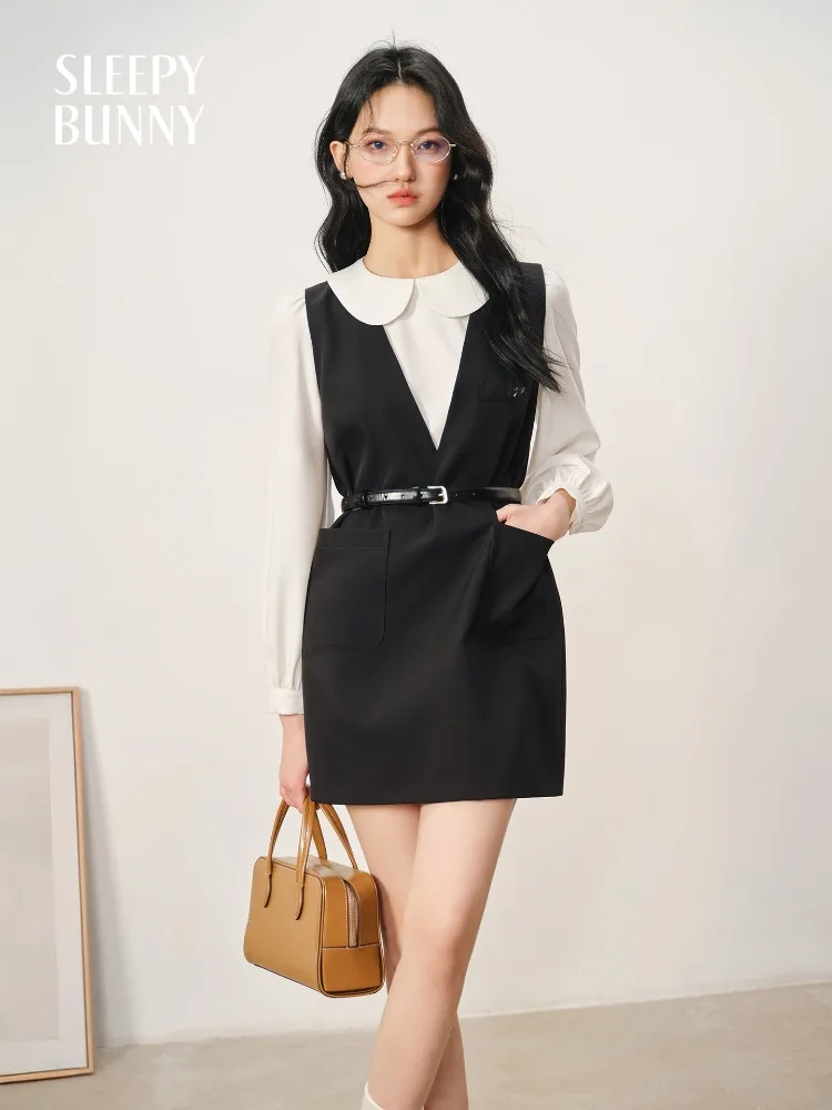 

Elegant Sleeveless Black Vest Dress Women French Style Mini Dress Office Lady Layered Look with V-Neck Belt Chic Commute Outfit