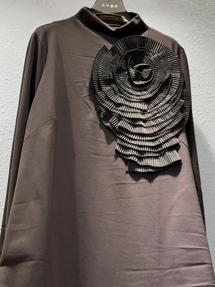 DFDG Women’s Spring Summer 2025 T-shirt Dress Pleated 3D Floral Half Turtleneck Loose Fit Chic Designer Casual Party Dress