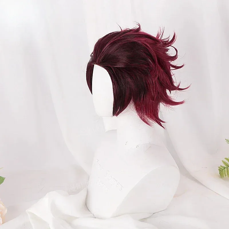 Peluca de Cosplay Kamado Tanjirou, peluca rizada corta sintética de color rojo oscuro, disfraz de Anime Demon Slayer, peluca de alta calidad para fiesta diaria