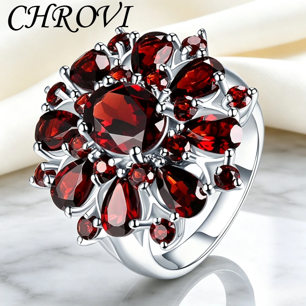 Luxurious 925 sterling silver new model in hot sale, set with rubies. Women's full diamond cluster engagement ring.