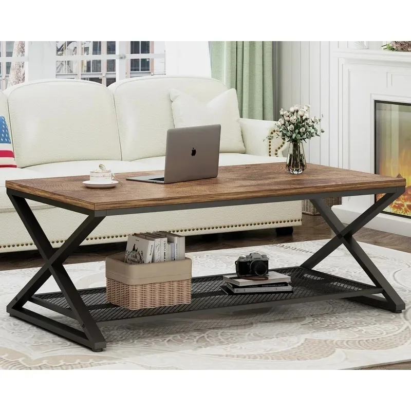 

Rustic Coffee Table with Storage, Industrial Wood Metal 2 Tier Center Living Room Table with Mesh Shelf，Low Rectangle Tea Table