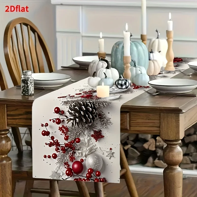 Table Runner Linen Winter Snowman Silver Snowflake Dining Cover Cloth Merry Christmas Kitchen Desk Placemat Decor