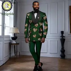 Men`s Bussiness Suit Double Breasted Slim Fit Brooch Print Blazer and Trouser 2 Piece Set Dashiki Tuxedo African Clothes 2516022