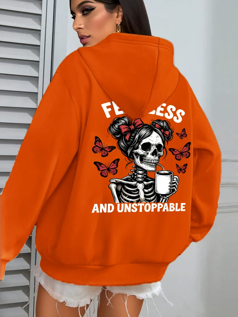 Fearless understoppable café crânio impressão feminina hoodie casual bolso com capuz solto outono hoodies all-match velo roupas esportivas