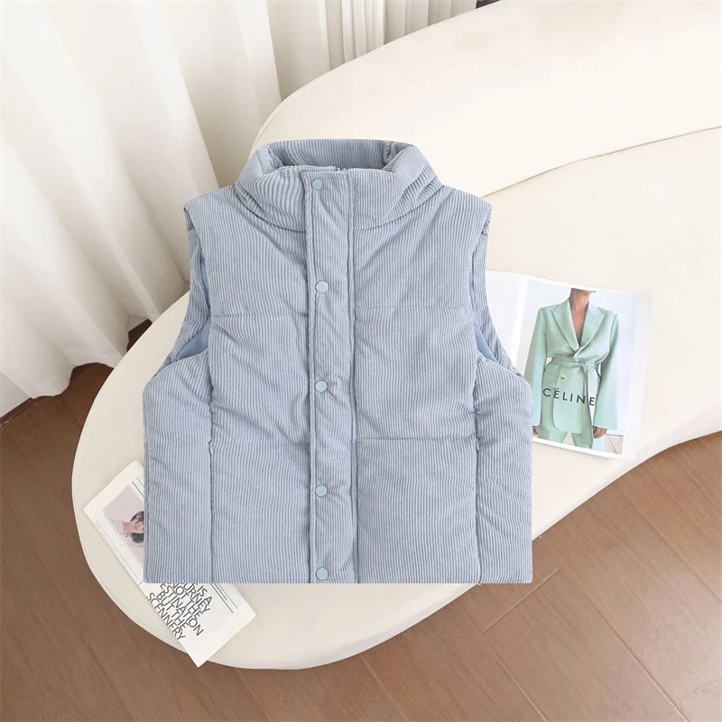 

Вельветовый короткий пуховый хлопковый жилет, женские осенне-зимние куртки 2024, новая корейская версия, однотонный свободный жилет с воротником-стойкой, трендовое пальто