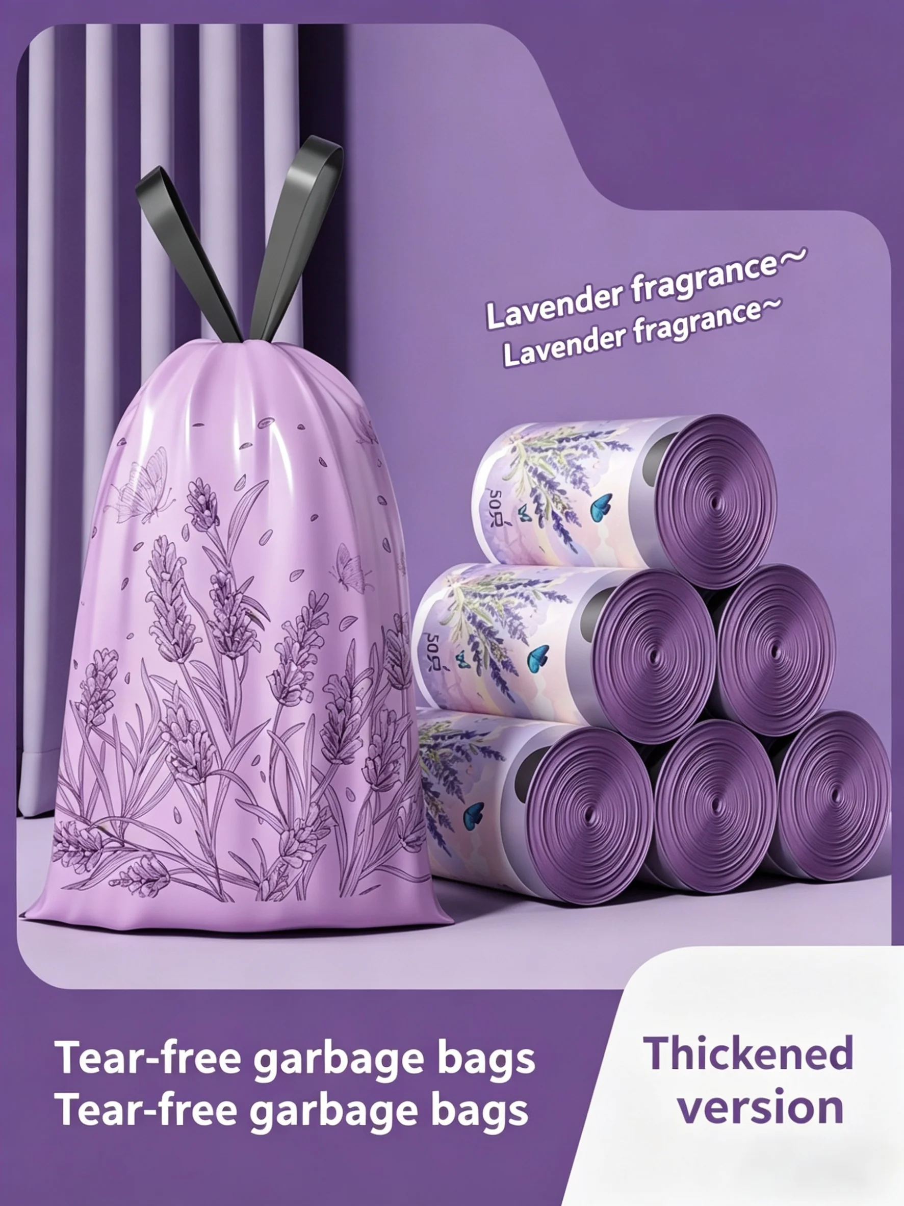 Thickened Lavender Scented Drawstring Garbage Bags, Heavy Duty Large Plastic Trash Bags with Handles for Kitchen