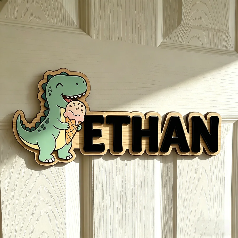 Whimsical Ice Cream Dinosaur Custom Name Plaque for The Dearest Baby, Unisex Nursery Wall Decor view 3
