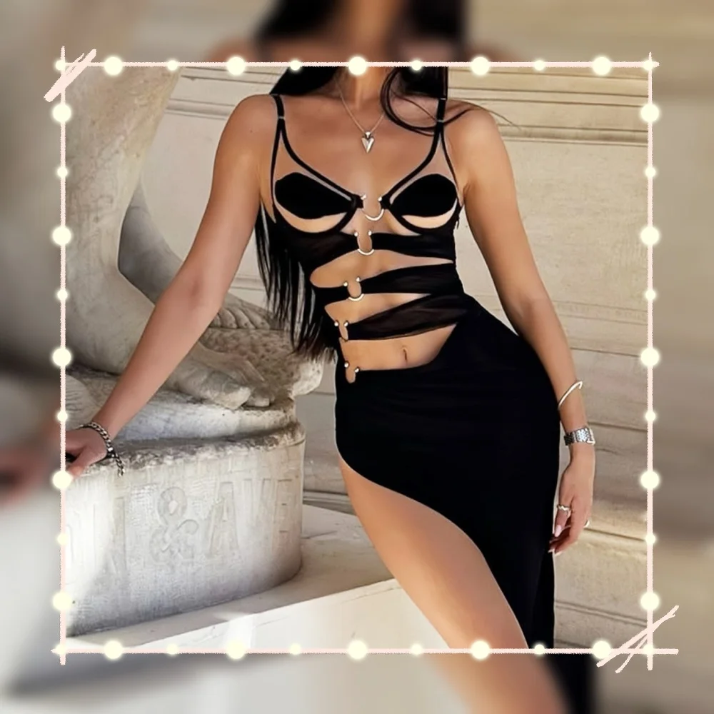 

Premium Women's Dress Willowy Splicing Long Dress 2PC Set Asymmetrical Metal Decor Hollow Women's Underwear Uncensored