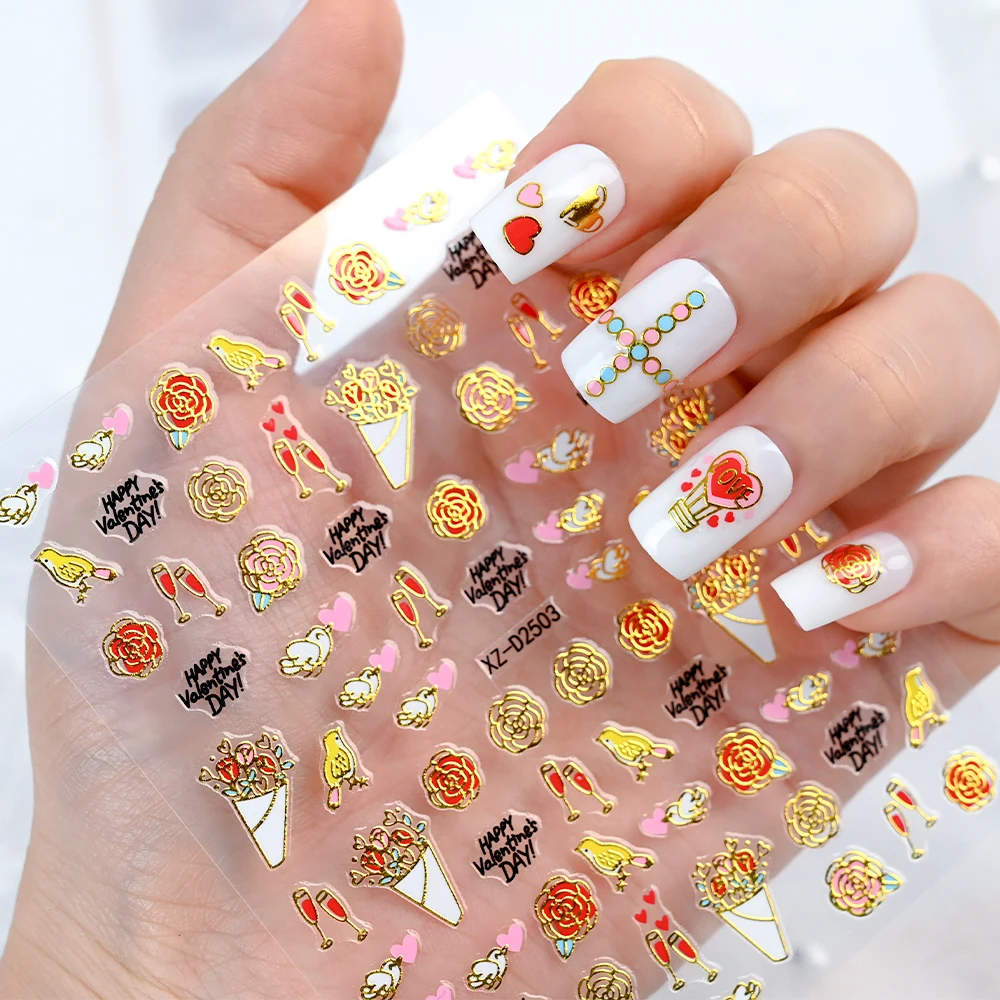 12PCS Colorful Metallic Love Heart Nail Art Stickers Golden Line Flower Balloon Valentine Nail Design Adhesive Slider Decal Deco