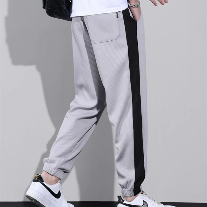 Versatile Street Thin Loose Breathable Sports Casual Pants Men\'s Trendy Pockets Patchwork Contrast Drawstring Straight Trousers