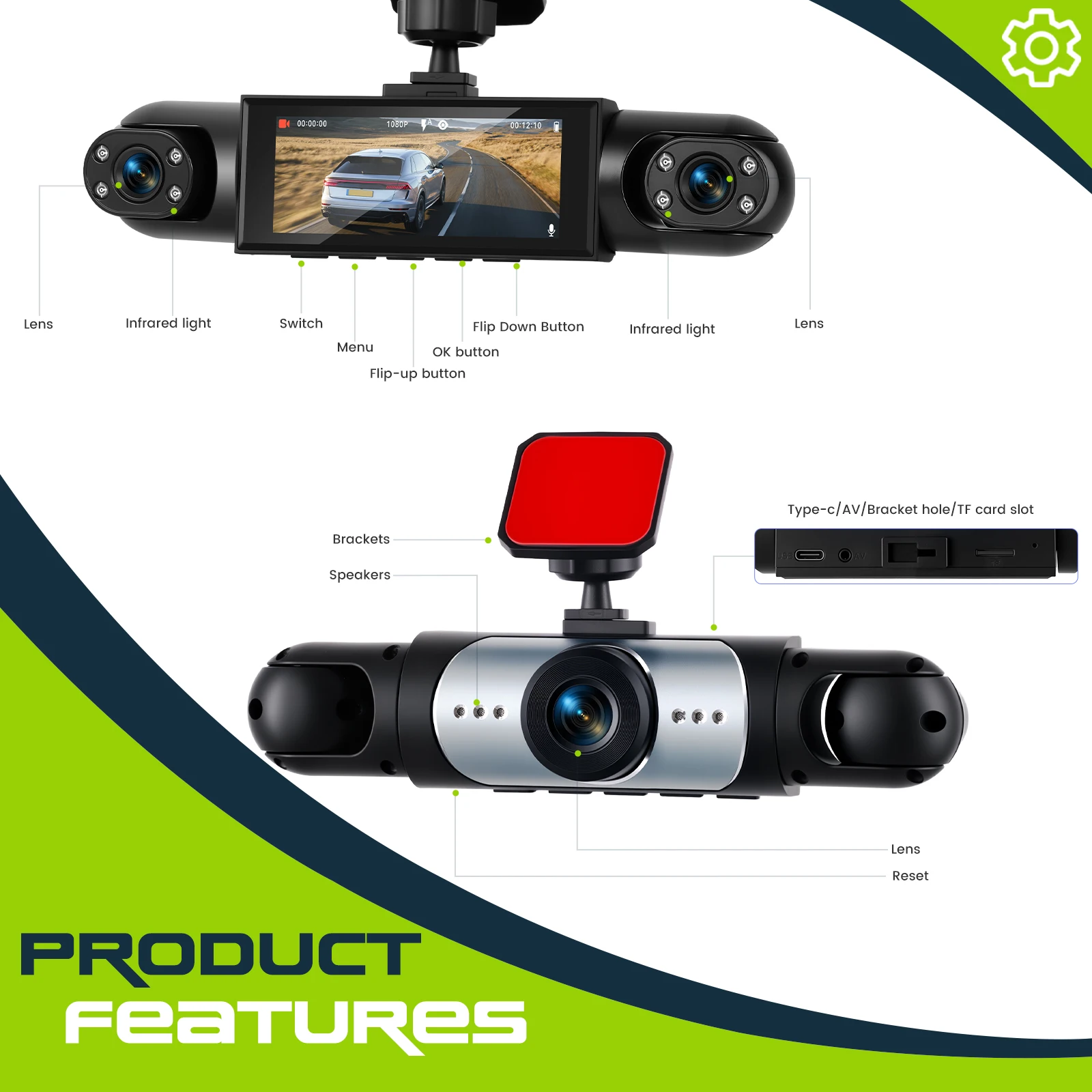 Podofo 3,16 Zoll Auto-Dashcam 1080P Auto-Blackbox Dashcam mit Vier HD-Kameras Einschließlich 480P Linke Innenkamera, Rechte Innenkamera und Rückkamera – Detail 3