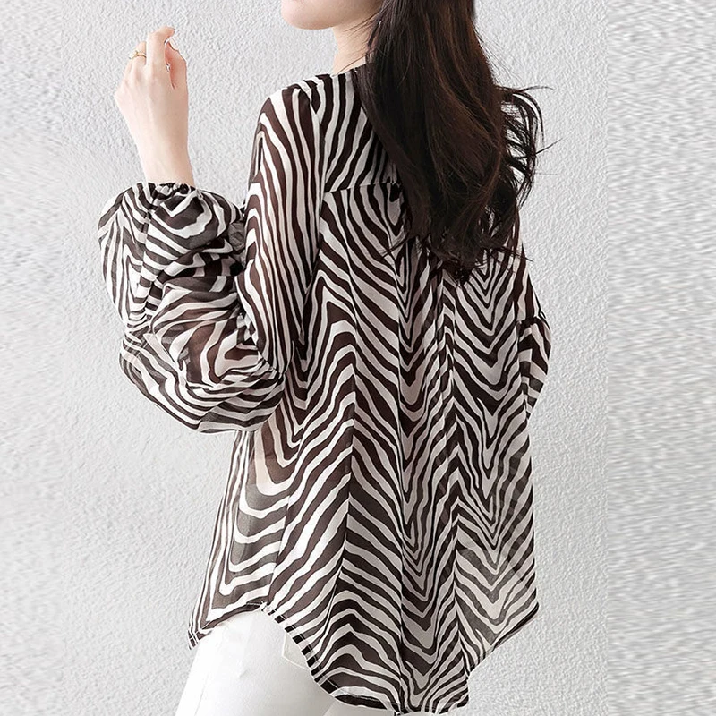 Brown Zebra Puff Sleeves Loose Chiffon Shirt Long Sleeve V-neck Blouse for Female 2022 Spring Summer Elegant Casual Clothing