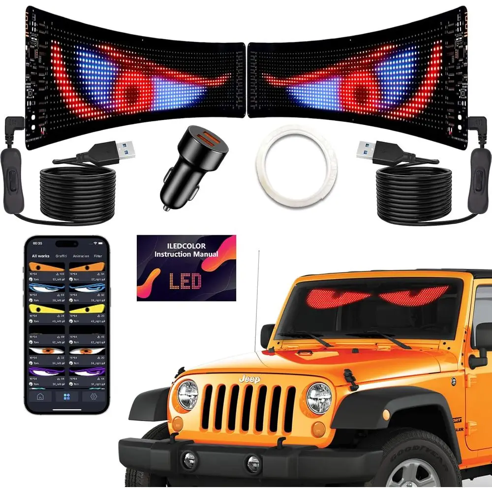 Doppi occhi da diavolo LED RGB regolabili con display animato 15x4 per auto e camion, luci a matrice controlate da app per SUV Windshie
