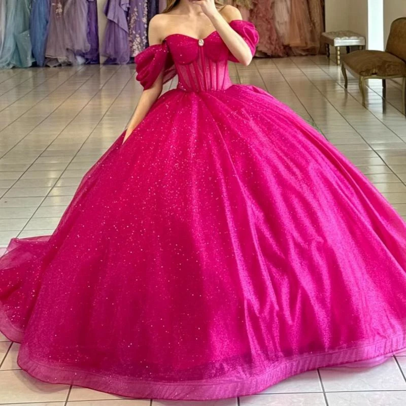 

Rose Red Shiny Quinceanera Dresses Off The Shoulder Tull Party Birthday Corset Ball Gown Sweet 16 Dress Vestidos 15 De Anos