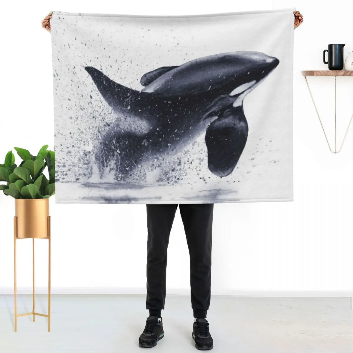 Orca Splash Watercolour Throw Blanket Flannel Fabric Giant Sofa Furrys Baby For Decorative Sofa Beach Blankets