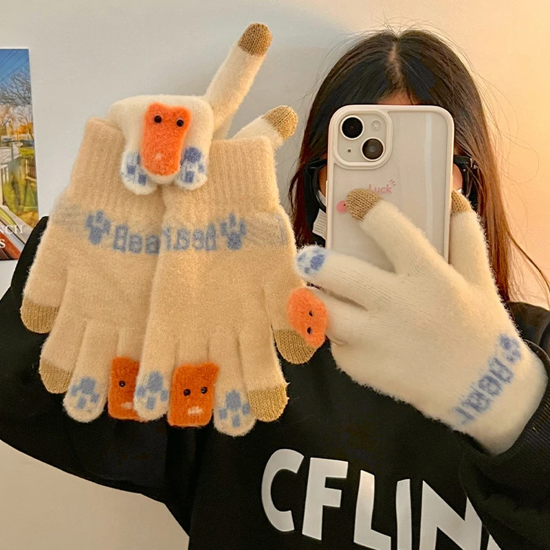 1 Paar neue Winter-Plüsch- und verdickte Radfahren-Kawaii-Touchscreen-Split-Finger-kältebeständige, winddichte Fünf-Finger-Handschuhe aus Plüsch