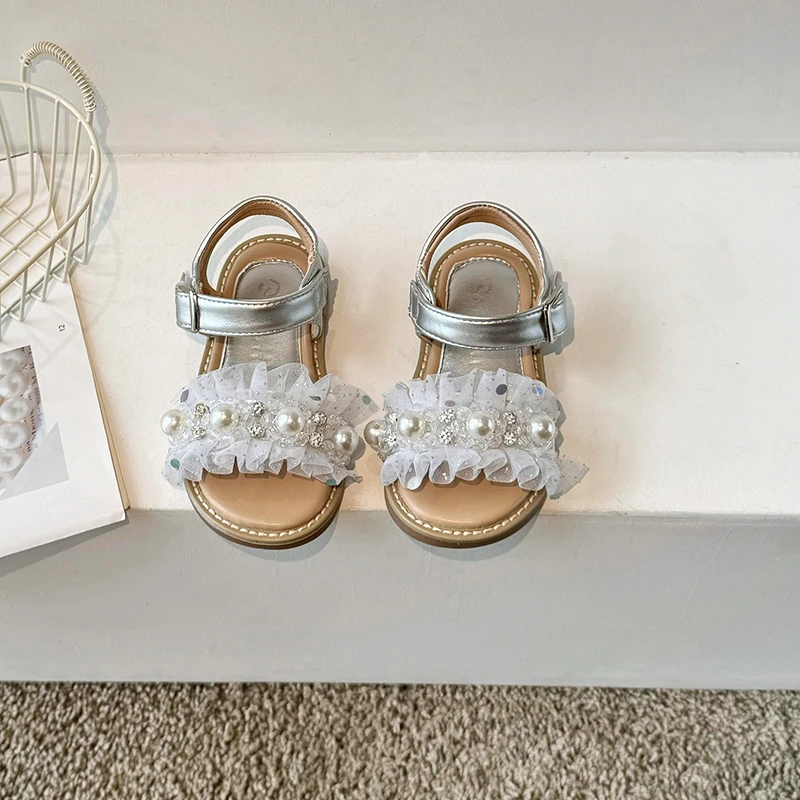 

lace with pearls pretty little fairy style girls princess sandals sweet soft sole summer 2025 new