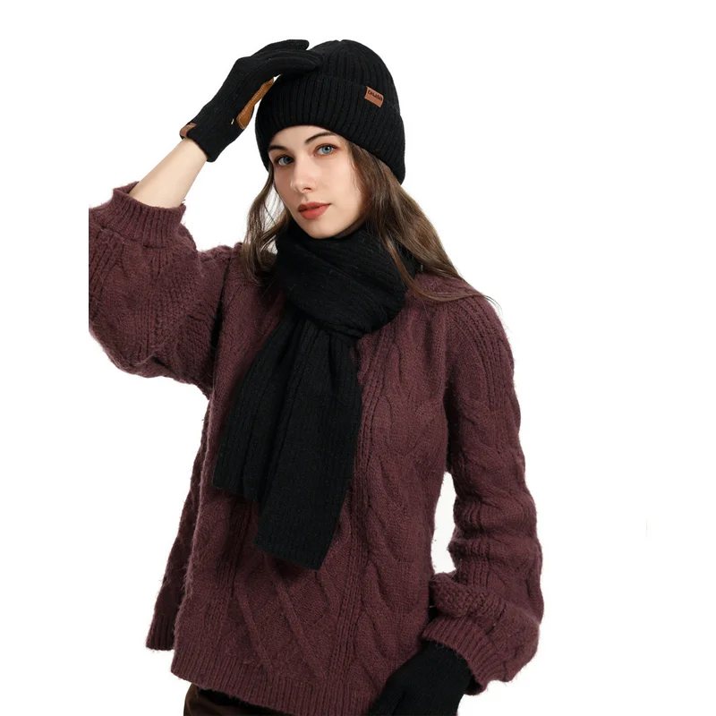 3 pçs/set inverno feminino gorro chapéu longo cachecol luvas conjunto de malha quente para o inverno fora esportes esqui correndo