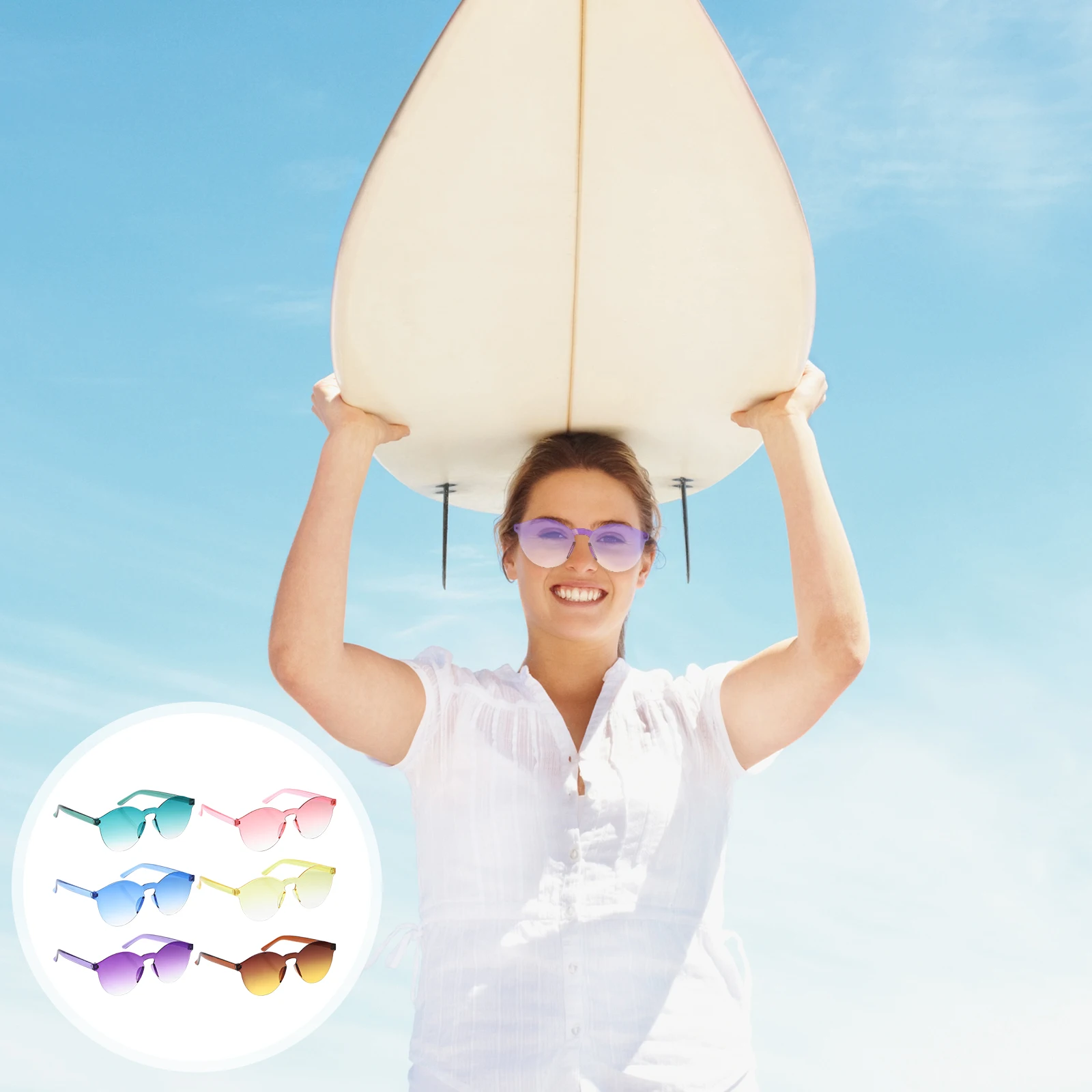 

6 Pcs Gradient Color Sunglasses Rimless Durable PC Material Heart Square Frameless Glasses for Women Men Holiday Beach Party