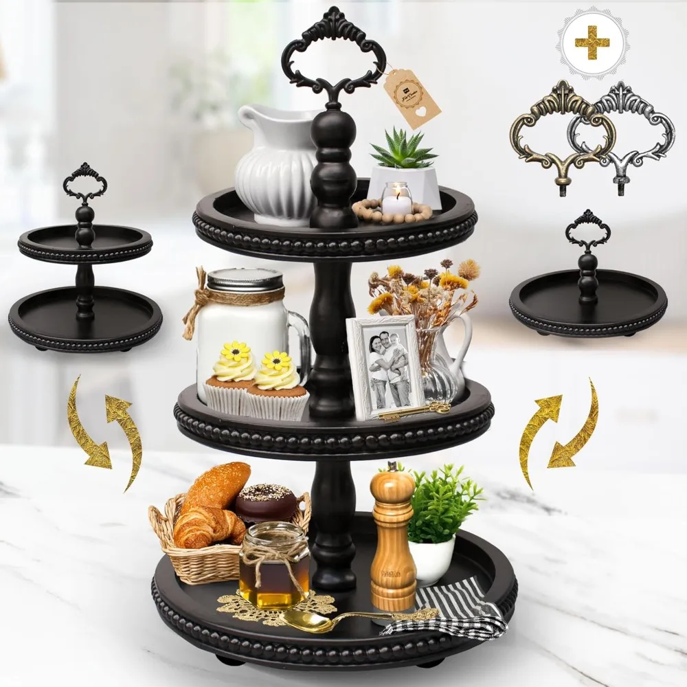 

[3-in-1] Wooden Tiered Tray Stand - Beaded 3 Tiered Tray Decor Wood Cupcake Stand for Farmhouse Country Rustic Home