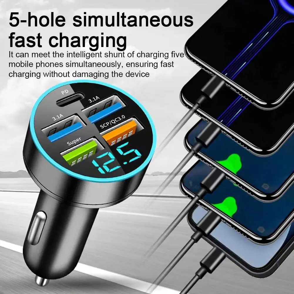 250W Car Charger 5-port LED Digital Display Screen USB PD C-type Fast Charging Car Phone Charger, Multifunctional Adapter