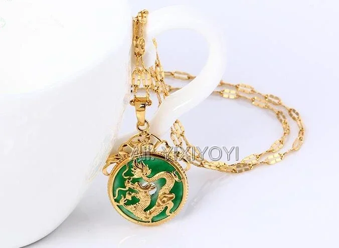 Beautiful Natural Green Jade Inlay Gold Chinese Dragon Amulet Lucky Jade Pendant + Free Necklace Fine Jewelry