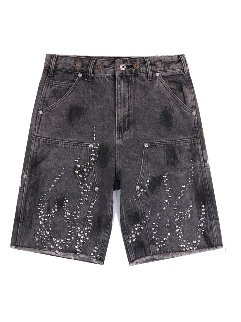 กางเกงยีนส์ทรงตรงประดับเพชร สไตล์อเมริกันเทรนดี้แบรนด์ Ins ประดับคริสตัล สไตล์ลำลองย้อนยุค