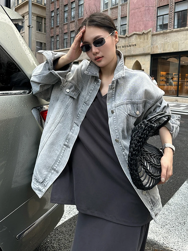 FANAN Vintage lavé Denim vestes pour femmes revers simple boutonnage à manches longues mode Streetwear manteaux femme 2025 automne nouveau