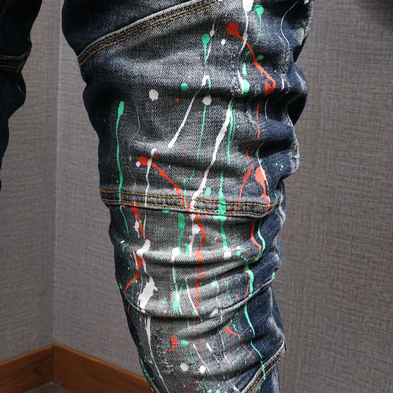 Fashion Streetwear Men Jeans Retro Dark Blue Elastic Slim Fit Ripped Biker Jeans Homme Painted Designer Hip Hop Denim Pants Men